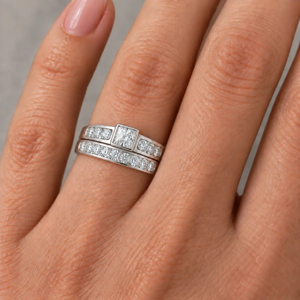 Sterling Silver Ladies 2 Piece Cubic Zirconia Rub-Over Setting Ring