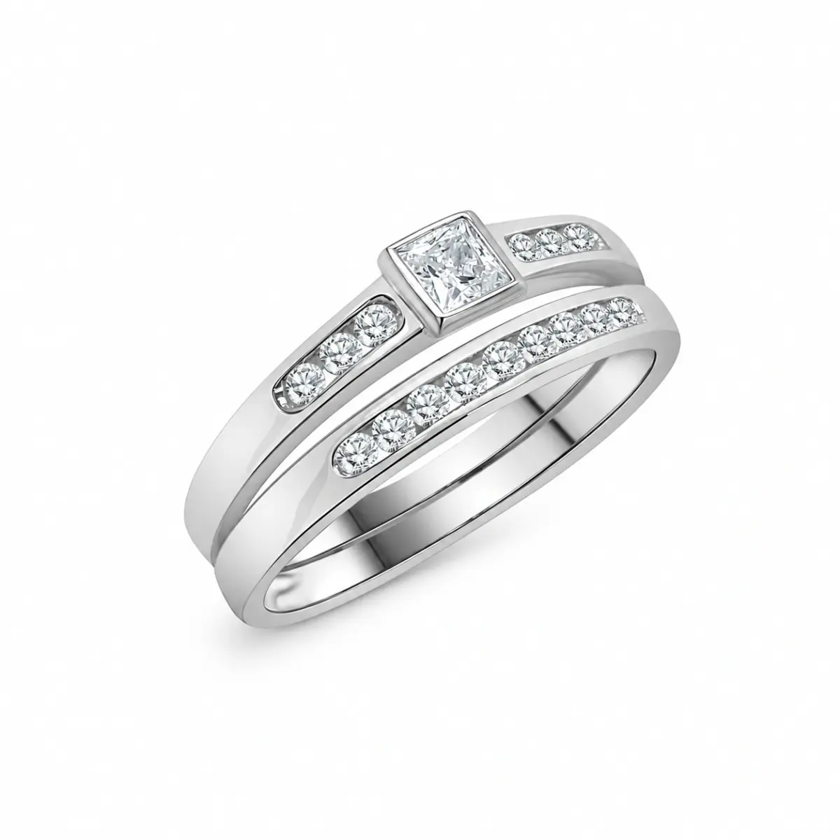 Sterling Silver Ladies 2 Piece Cubic Zirconia Rub-Over Setting Ring