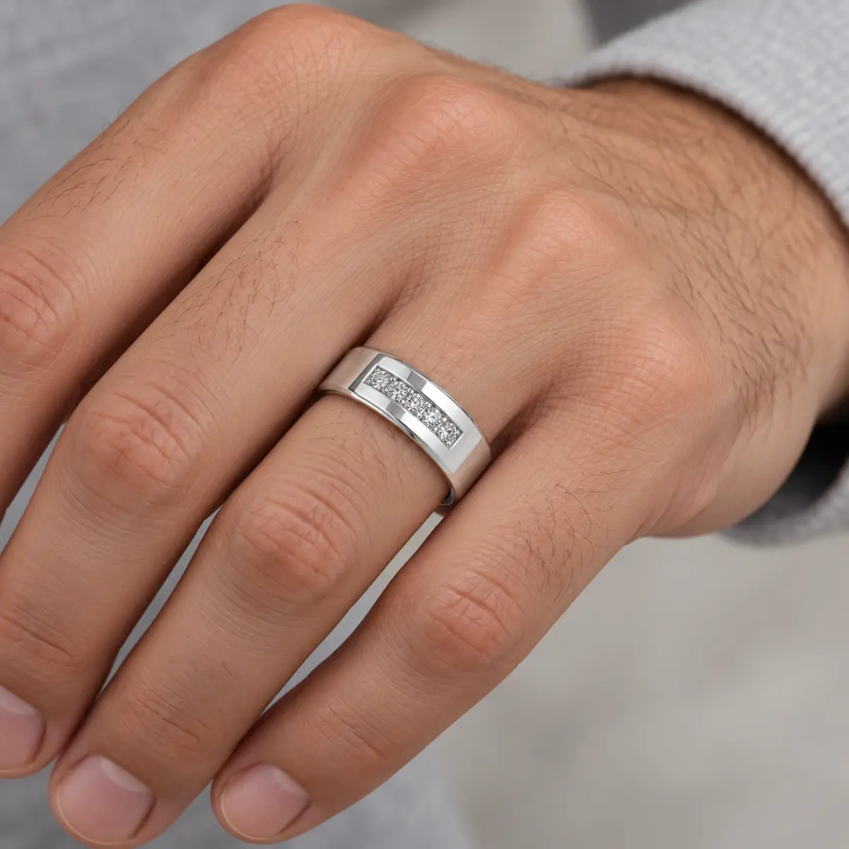 Sterling Silver Men's Channel Setting Cubic Zirconia 7mm Wide Wedding Band Ring