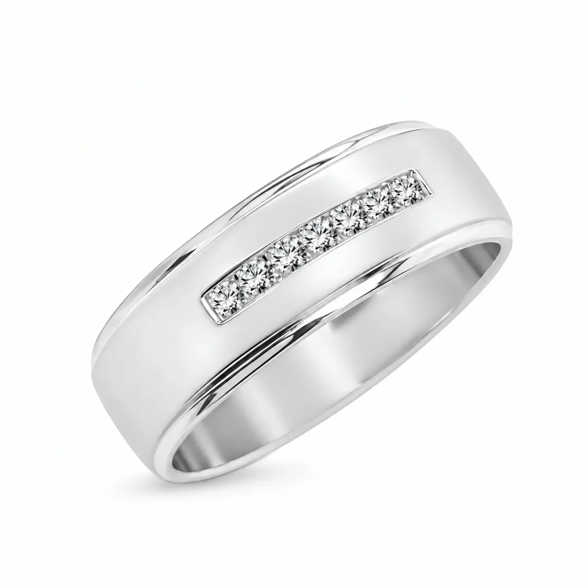 Sterling Silver Men's Channel Setting Cubic Zirconia 7mm Wide Wedding Band Ring
