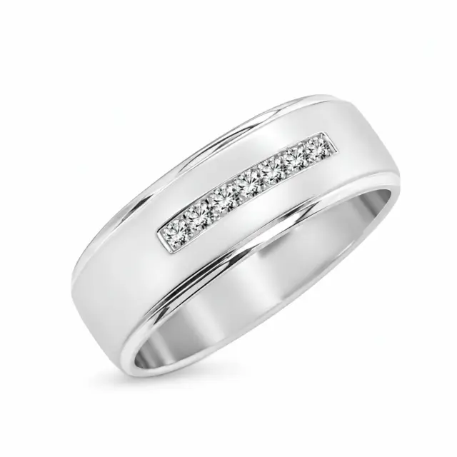 Sterling Silver Men's Channel Setting Cubic Zirconia 7mm Wide Wedding Band Ring
