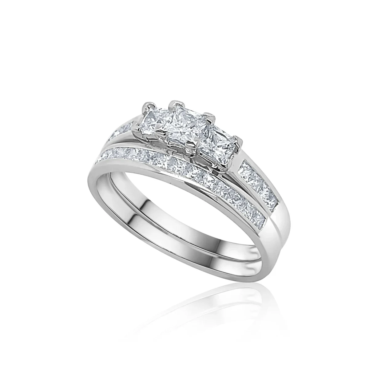 Sterling Silver Ladies 2 Piece Princess Cut Three Stone Bridal Cubic Zirconia Wedding Set