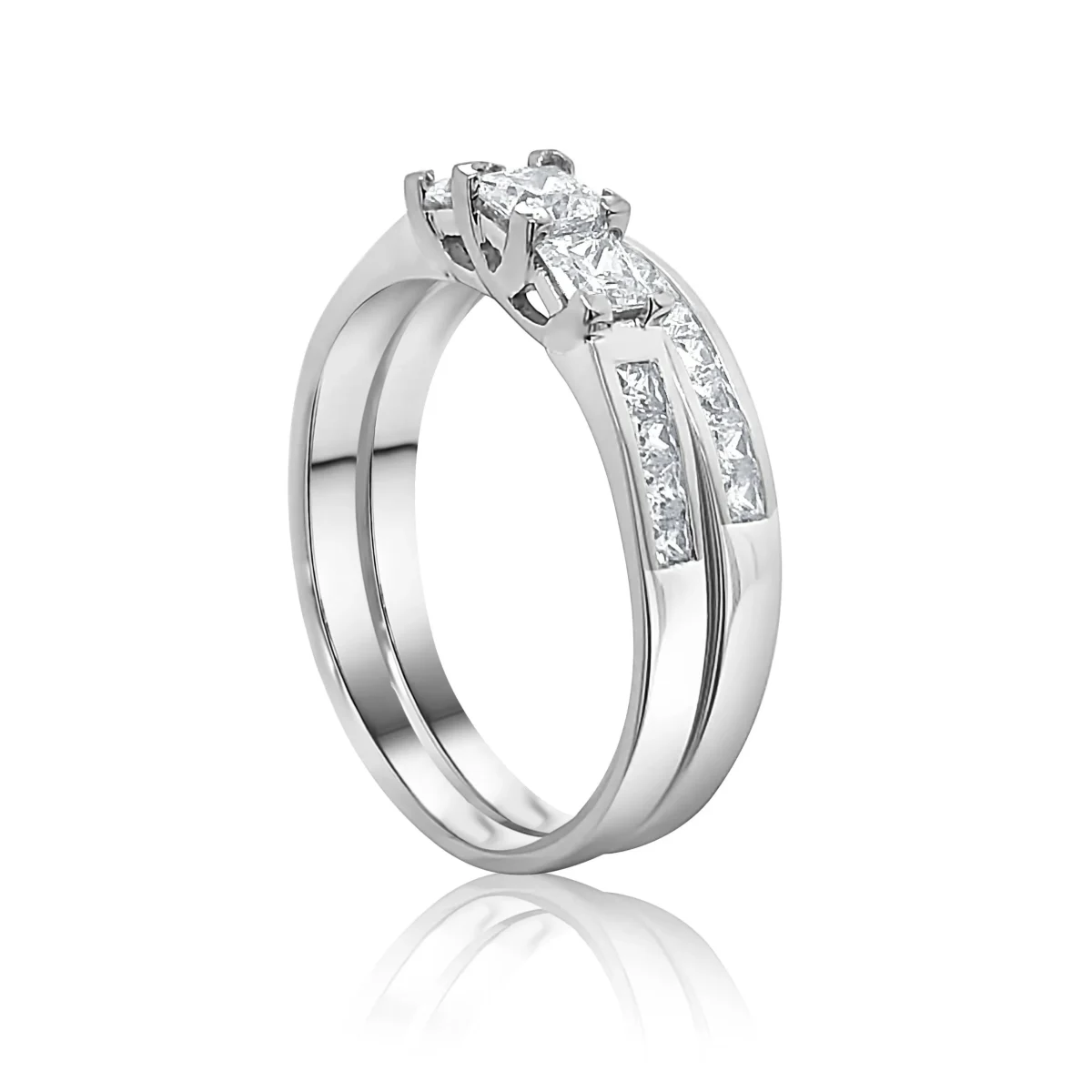 Sterling Silver Ladies 2 Piece Princess Cut Three Stone Bridal Cubic Zirconia Wedding Set
