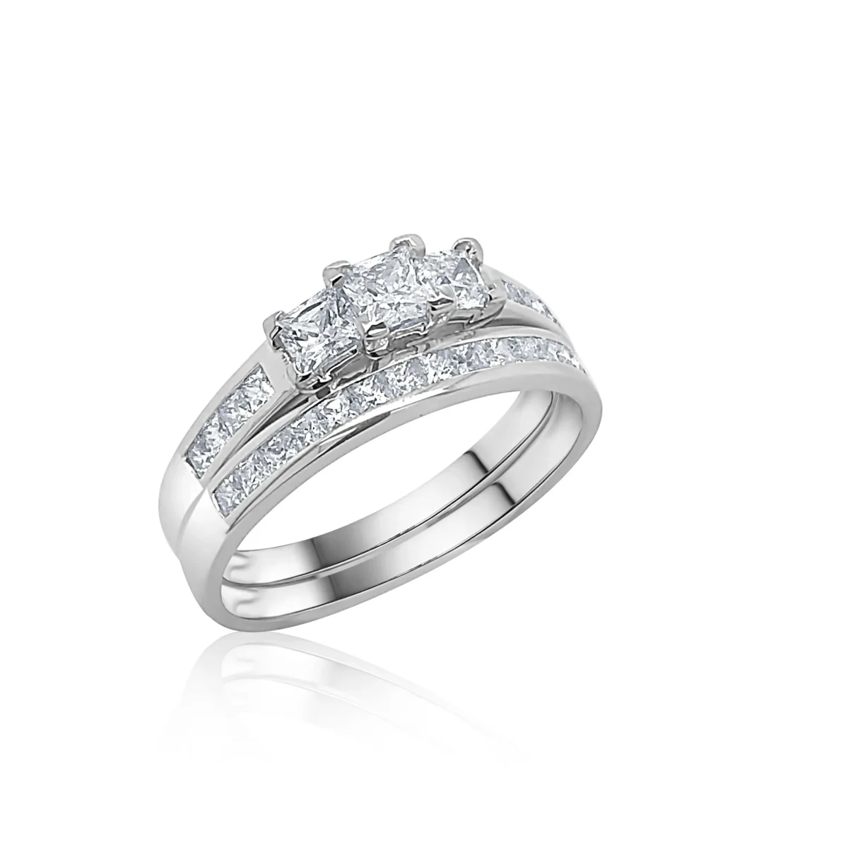 Sterling Silver Ladies 2 Piece Princess Cut Three Stone Bridal Cubic Zirconia Wedding Set