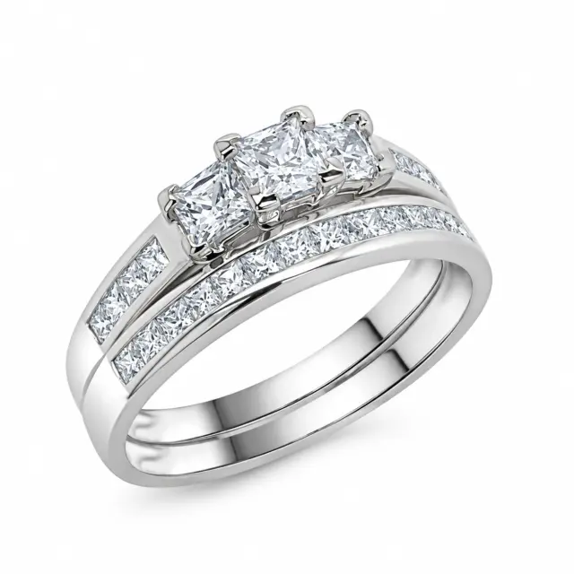 Sterling Silver Ladies 2 Piece Princess Cut Three Stone Bridal Cubic Zirconia Wedding Set