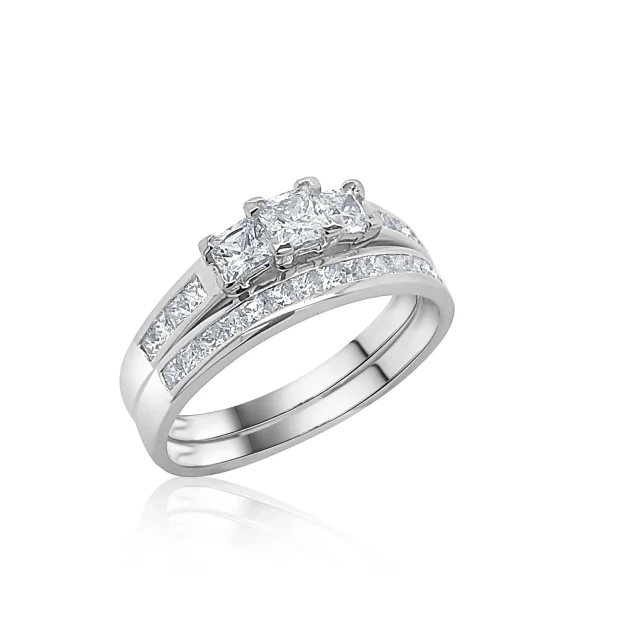 Sterling Silver Ladies 2 Piece Princess Cut Three Stone Bridal Cubic Zirconia Wedding Set