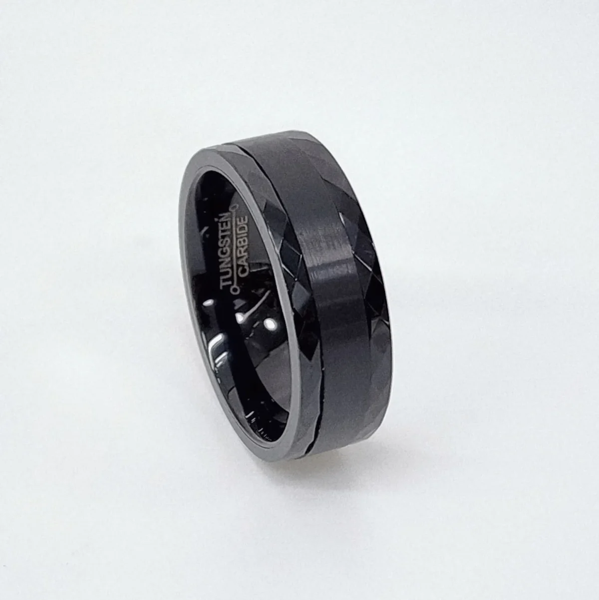 8mm Wide Black Tungsten Carbide Ring with Diamond Cut Edge and Brushed Centre Finish Band - TC07