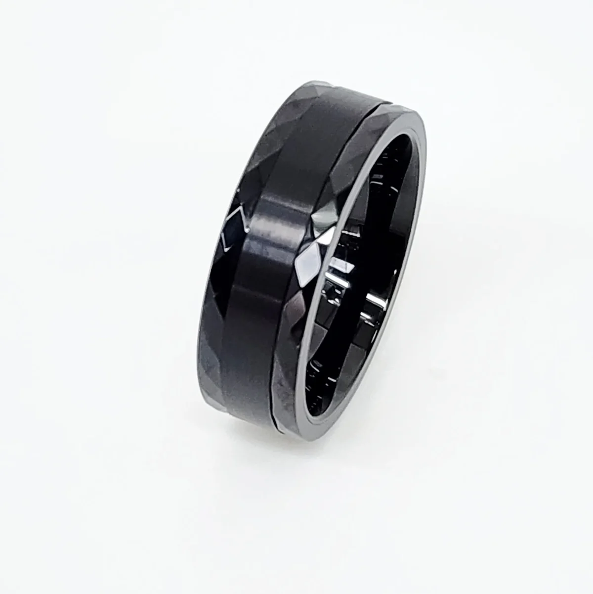 8mm Wide Black Tungsten Carbide Ring with Diamond Cut Edge and Brushed Centre Finish Band - TC07