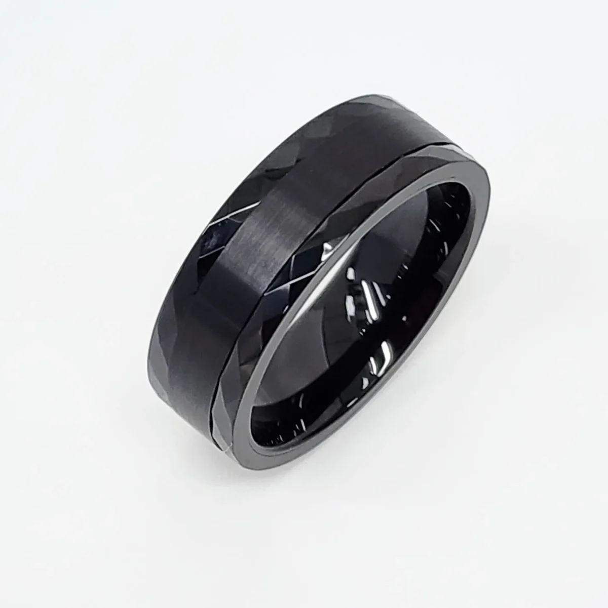 8mm Wide Black Tungsten Carbide Ring with Diamond Cut Edge and Brushed Centre Finish Band - TC07
