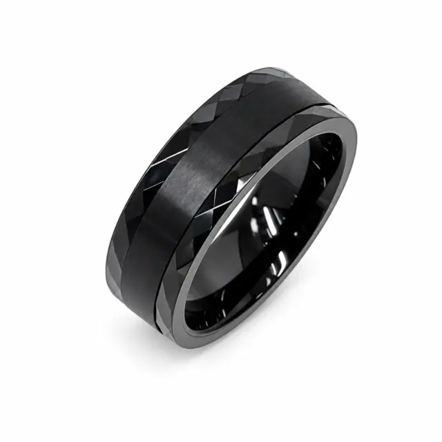 8mm Wide Black Tungsten Carbide Ring with Diamond Cut Edge and Brushed Centre Finish Band - TC07
