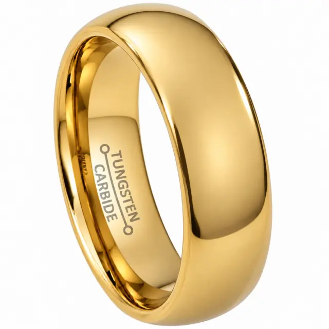 8mm Wide Gold Plated Tungsten Carbide Ring Classic Half Round, Comfort Fit Band - TC04