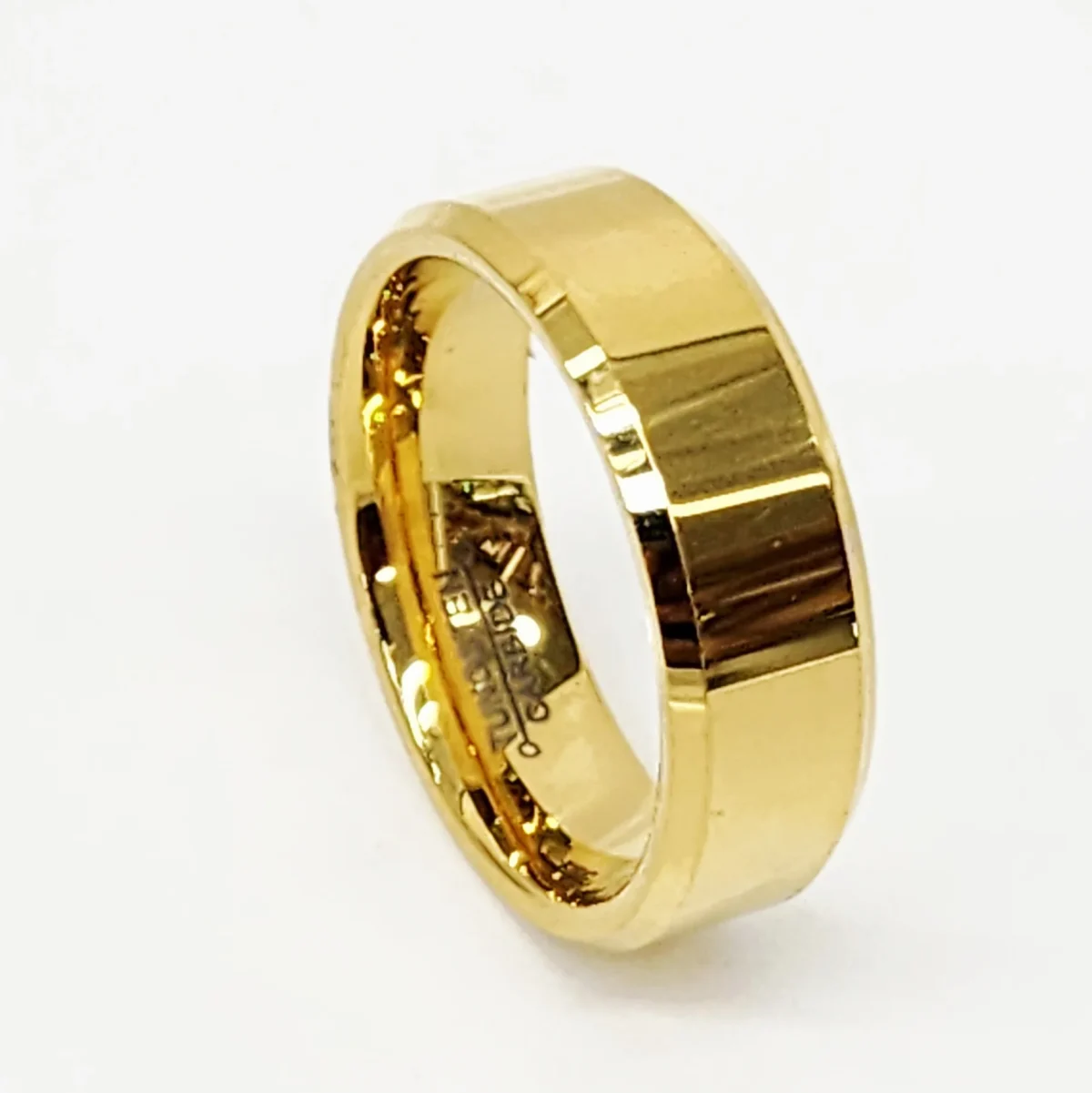 8mm Wide Gold Plated Tungsten Carbide Ring with Beveled Edge & Comfort Fit Band - TC03