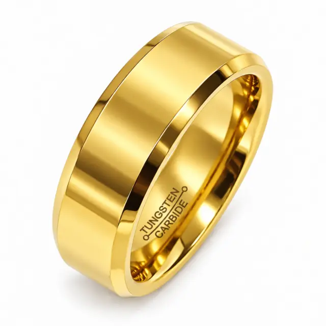 8mm Wide Gold Plated Tungsten Carbide Ring with Beveled Edge & Comfort Fit Band - TC03