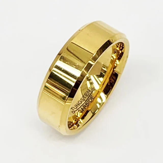 8mm Wide Gold Plated Tungsten Carbide Ring with Beveled Edge & Comfort Fit Band - TC03