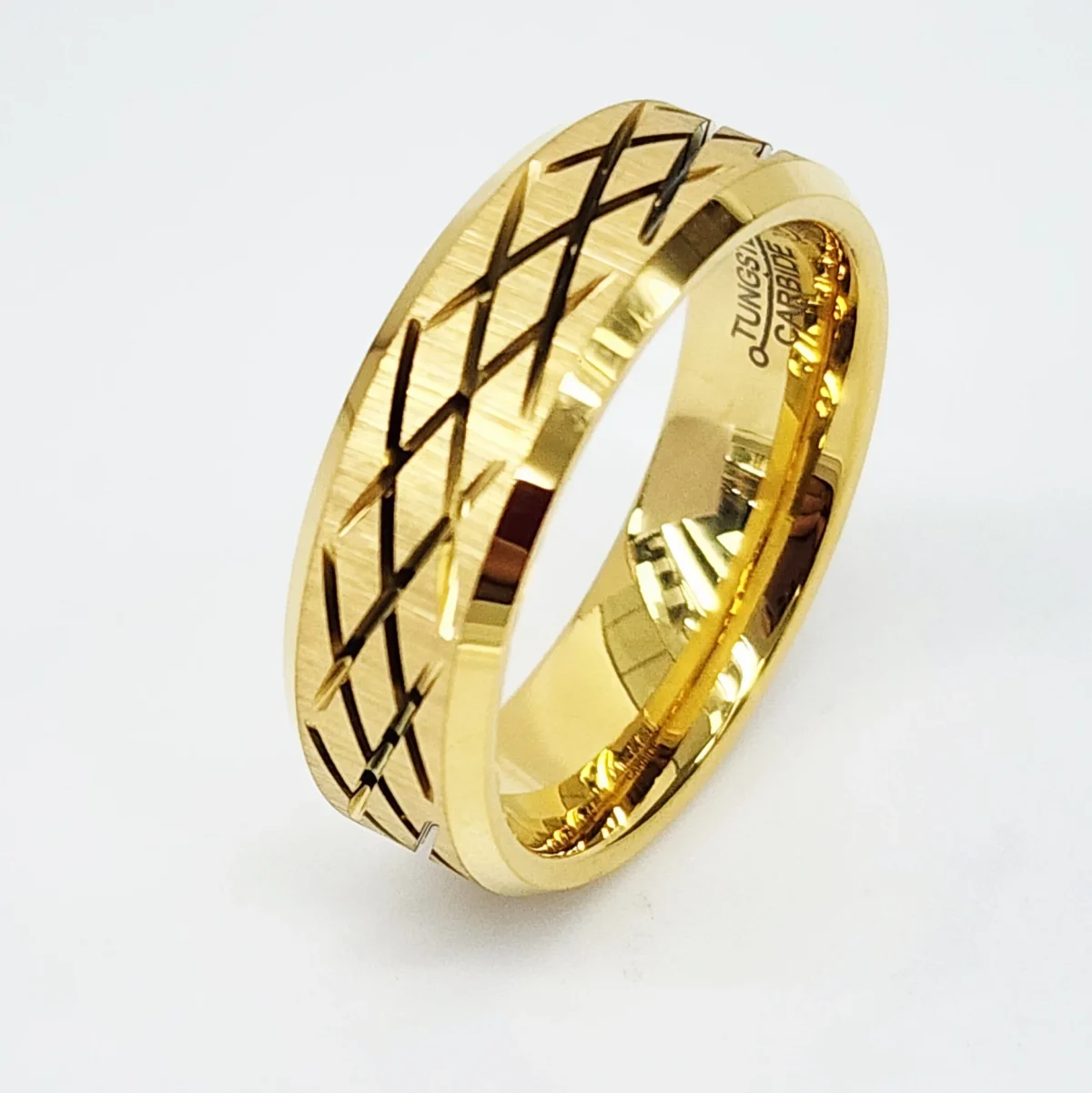 8mm Wide Gold Plated Tungsten Carbide Ring with Criss Cross Carved, Beveled Edge & Comfort Fit Band - TC06