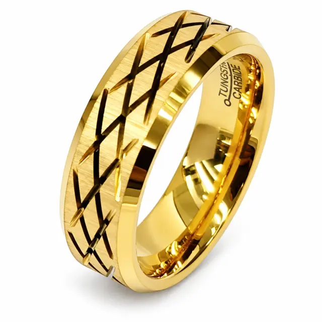 8mm Wide Gold Plated Tungsten Carbide Ring with Criss Cross Carved, Beveled Edge & Comfort Fit Band - TC06