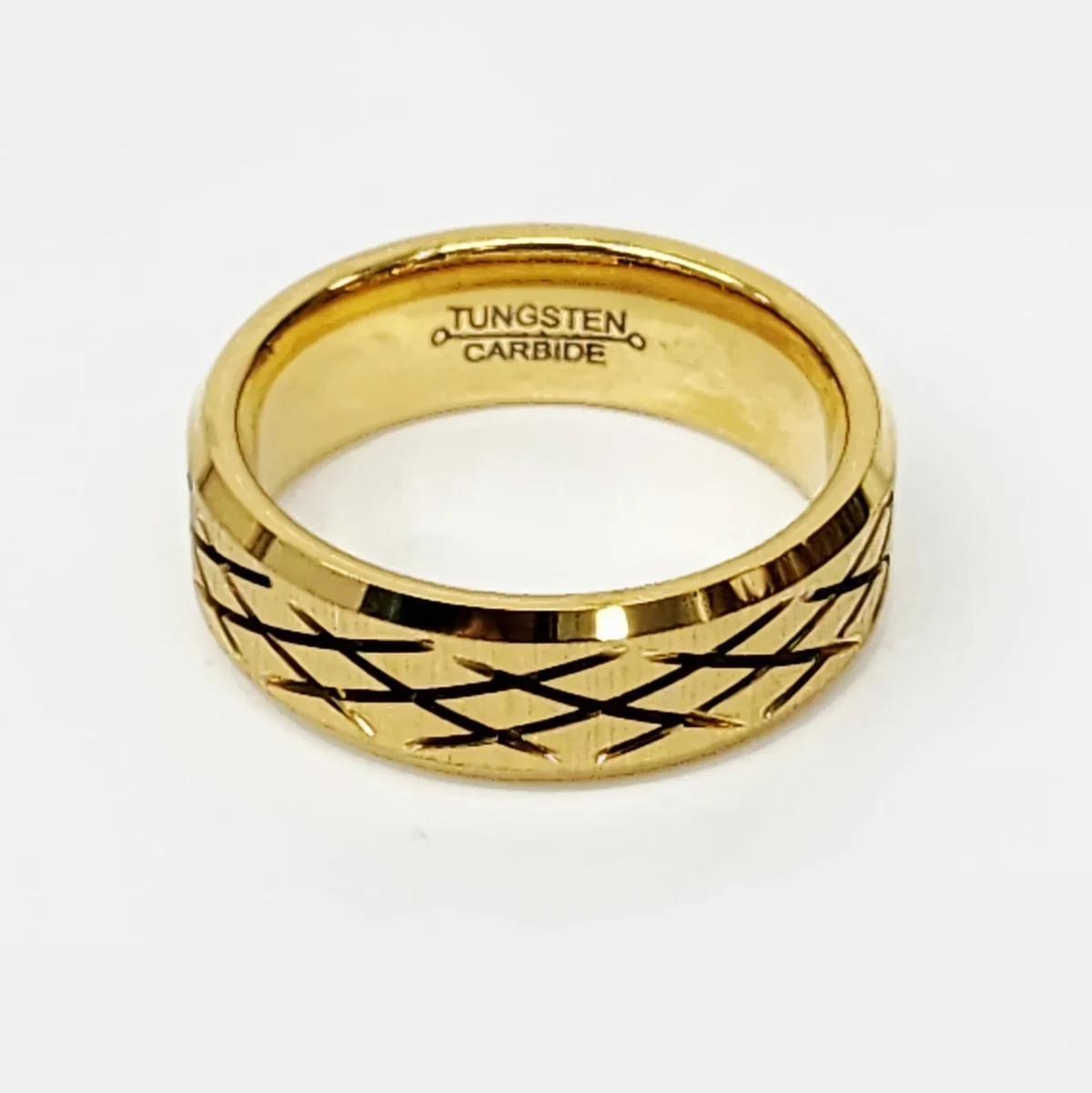 8mm Wide Gold Plated Tungsten Carbide Ring with Criss Cross Carved, Beveled Edge & Comfort Fit Band - TC06