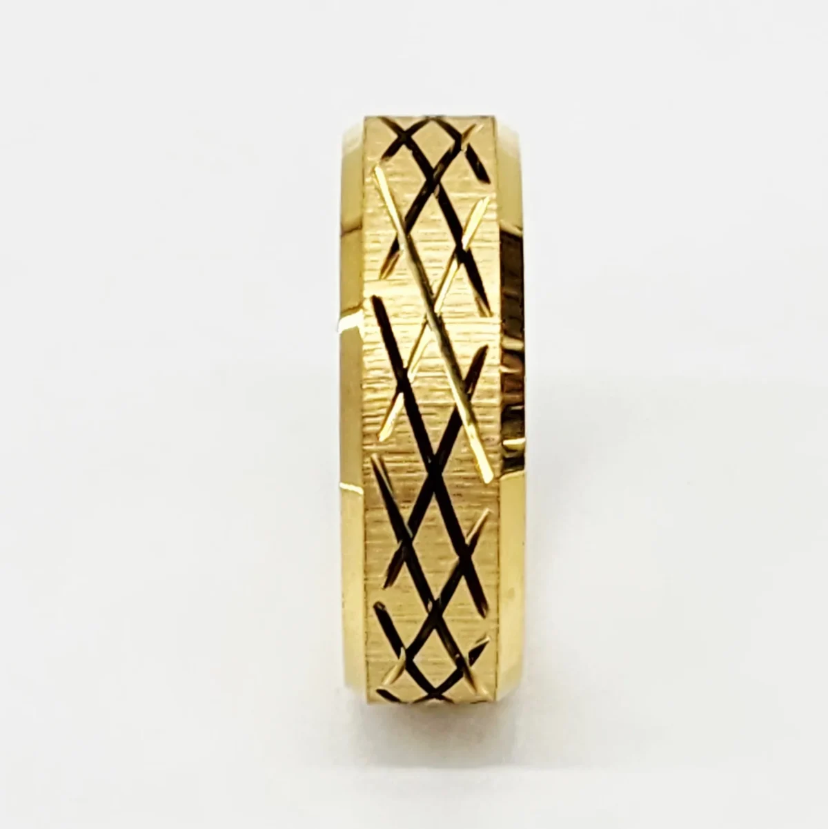 8mm Wide Gold Plated Tungsten Carbide Ring with Criss Cross Carved, Beveled Edge & Comfort Fit Band - TC06
