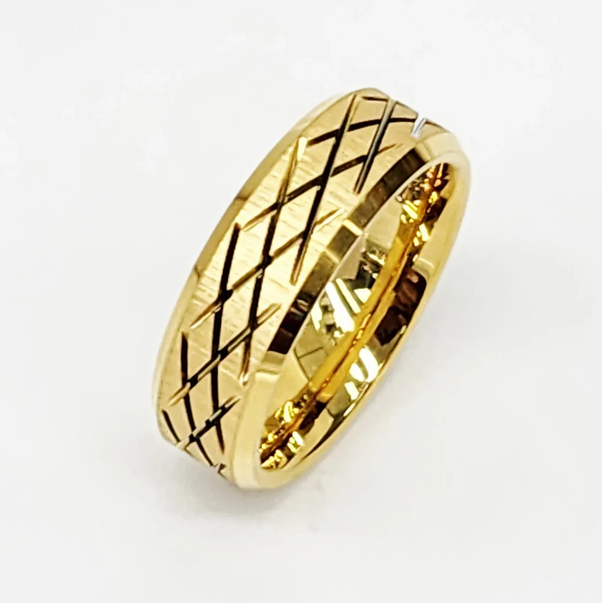 8mm Wide Gold Plated Tungsten Carbide Ring with Criss Cross Carved, Beveled Edge & Comfort Fit Band - TC06