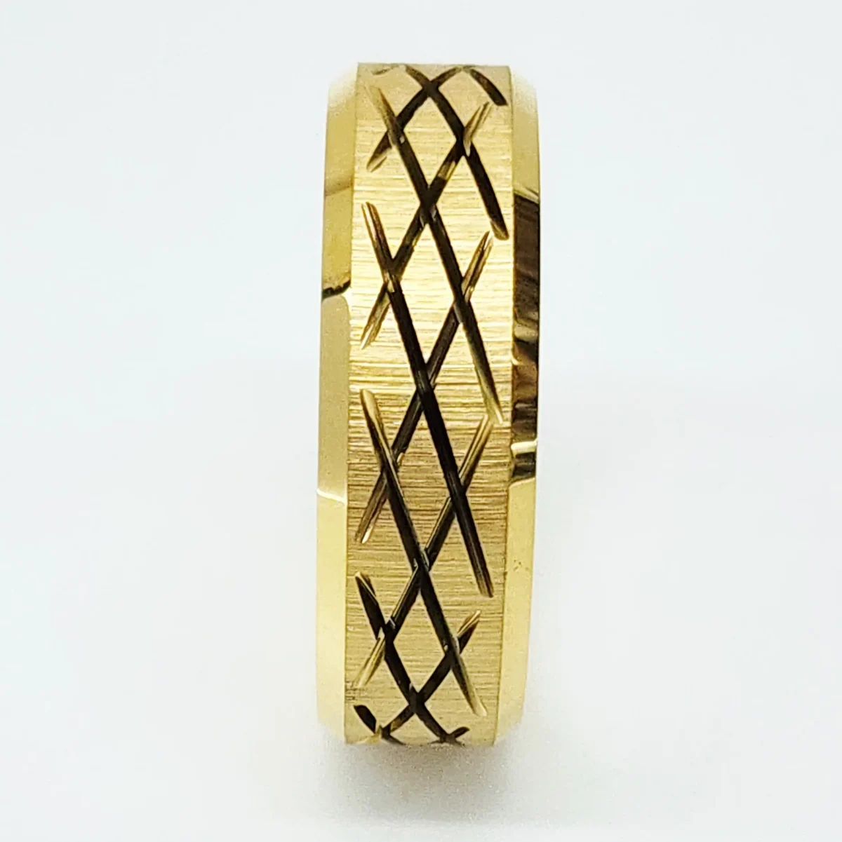 8mm Wide Gold Plated Tungsten Carbide Ring with Criss Cross Carved, Beveled Edge & Comfort Fit Band - TC06