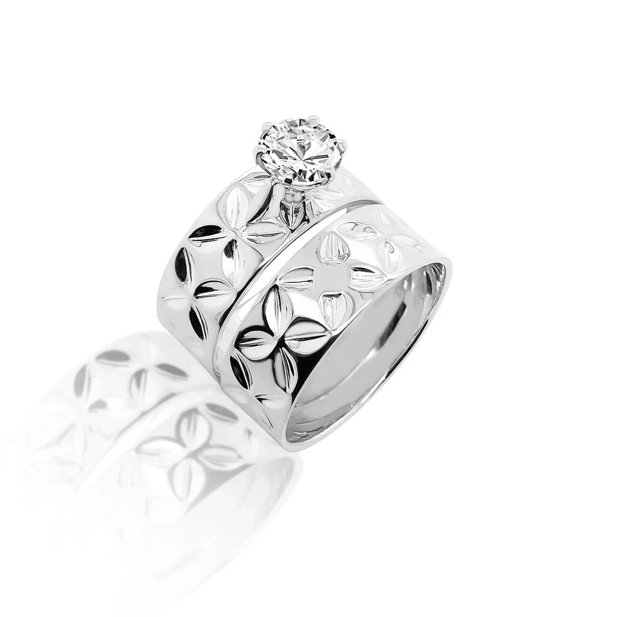 925 Sterling Silver 2 Piece 8mm Wide Island Design Set With 7mm Cubic Zirconia Setting