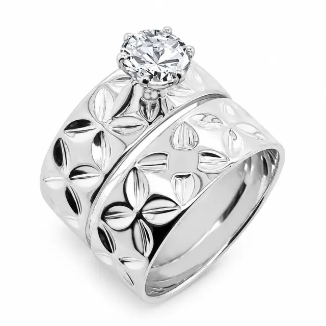 925 Sterling Silver 2 Piece 8mm Wide Island Design Set With 7mm Cubic Zirconia Setting