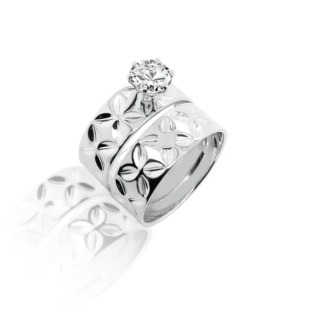 925 Sterling Silver 2 Piece 8mm Wide Island Design Set With 7mm Cubic Zirconia Setting