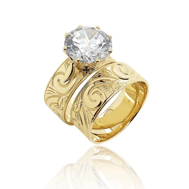 9ct Gold  2 Piece Hawaiian Design Ring Set With Cubic Zirconia