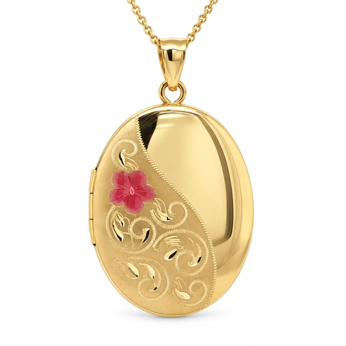 9ct Gold 20mm x 26mm Partly Engraved Oval Locket With Colouerd Enamel Flower