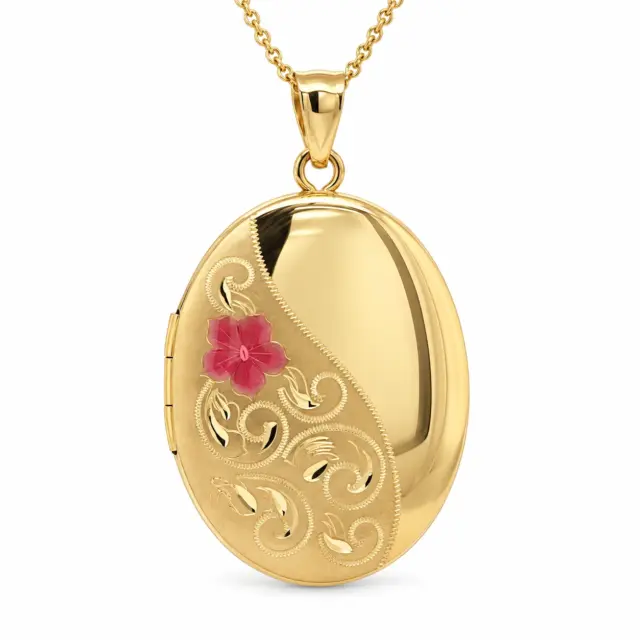 9ct Gold 20mm x 26mm Partly Engraved Oval Locket With Colouerd Enamel Flower