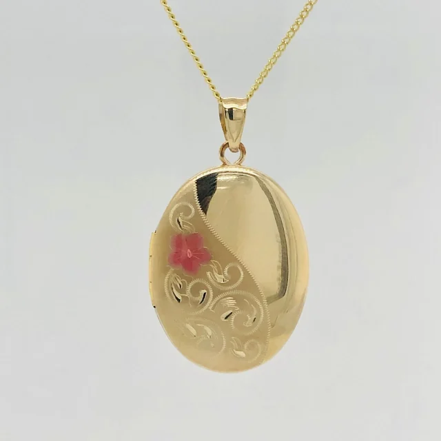 9ct Gold 20mm x 26mm Partly Engraved Oval Locket With Colouerd Enamel Flower