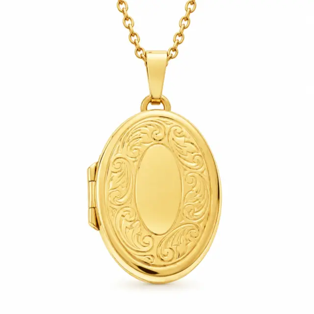 9ct Gold 23mm x 17mm Partly Engraved Oval Locket With Brushed Finish Back