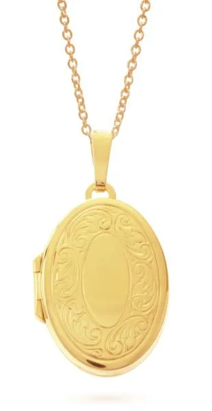 9ct Gold 23mm x 17mm Partly Engraved Oval Locket With Brushed Finish Back