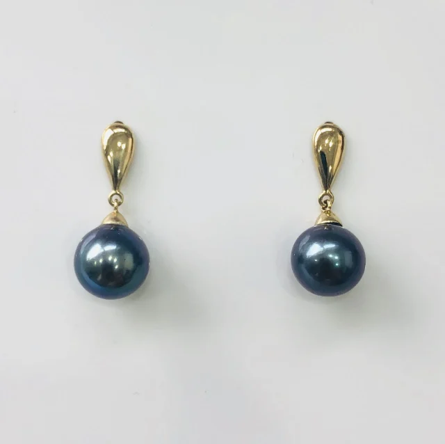 9ct Gold Drop Earrings With Black Tahitian Pearl -  02