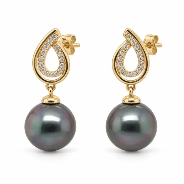 9ct Gold Drop Earrings With Black Tahitian Pearl -  11