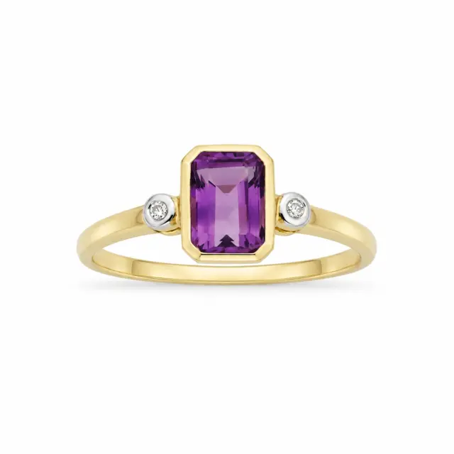 9ct Gold Emerald-Cut Amethyst & Diamond Accent Ring - 5R0077