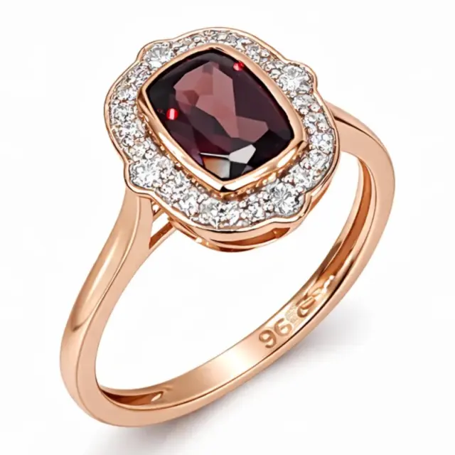 9ct Rose Gold Garnet & Diamond Halo Ring – Oval Rubover Set Design - D/A118/9R