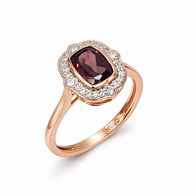 9ct Rose Gold Garnet & Diamond Halo Ring – Oval Rubover Set Design - D/A118/9R