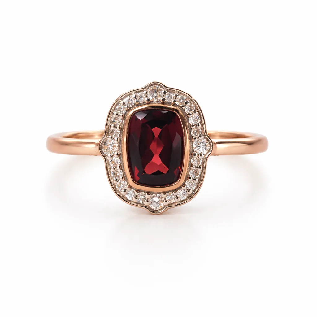 9ct Rose Gold Garnet & Diamond Halo Ring – Oval Rubover Set Design - D/A118/9R