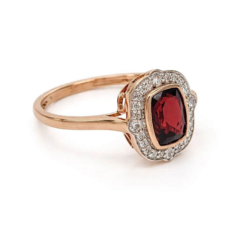 9ct Rose Gold Garnet & Diamond Halo Ring – Oval Rubover Set Design - D/A118/9R