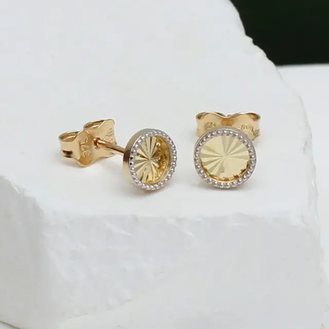 9ct Two-Tone Gold 6mm Sunray Stud Earrings