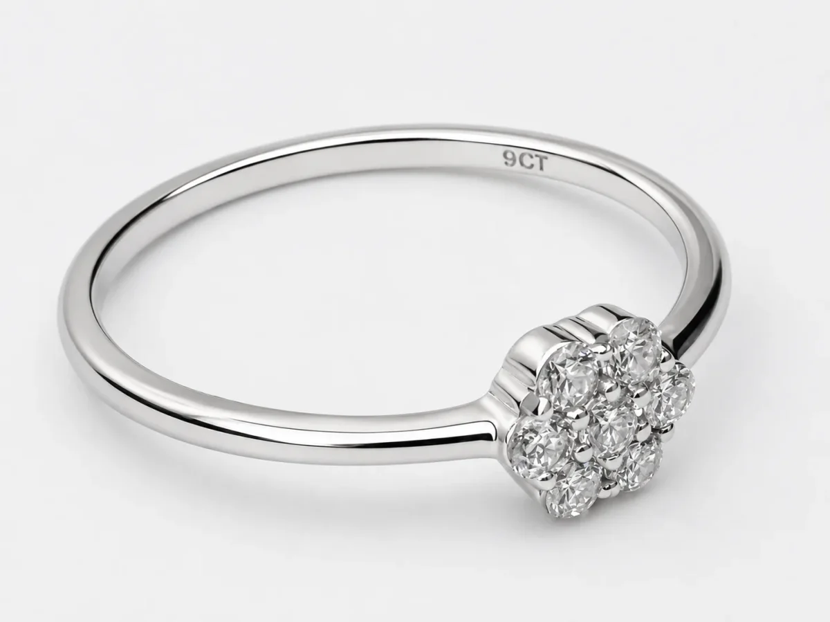 9ct White Gold 0.25ct Natural Diamond Cluster Ring – 7 Round Brilliant Cut Diamond Flower Cluster Ring - RJ9WRCLUS25GH