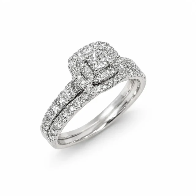 9ct White Gold 1.00ct TDW Diamond Double Halo Bridal Set – Princess Cut Engagement Ring & Matching Wedding Band - R42307100