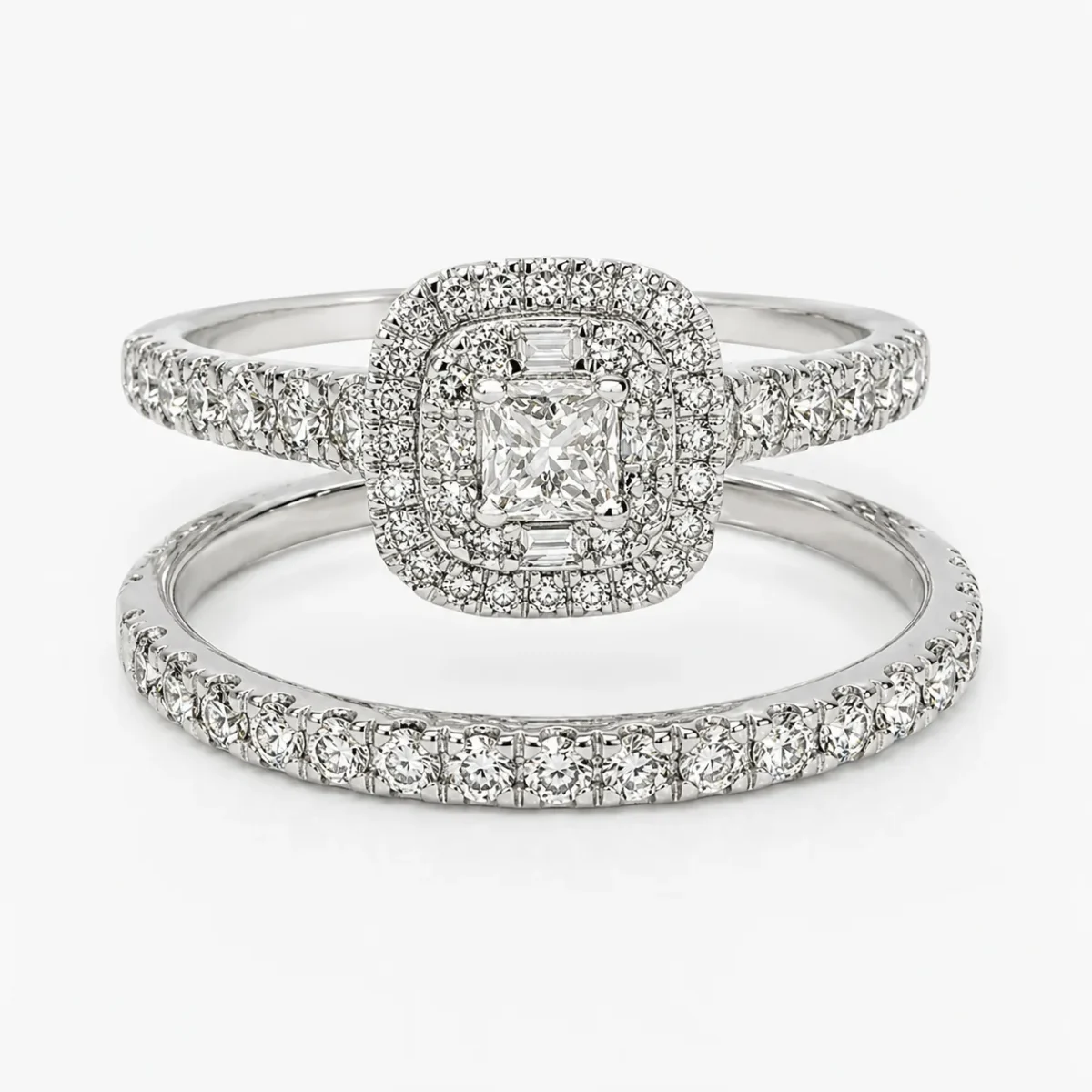 9ct White Gold 1.00ct TDW Diamond Double Halo Bridal Set – Princess Cut Engagement Ring & Matching Wedding Band - R42307100