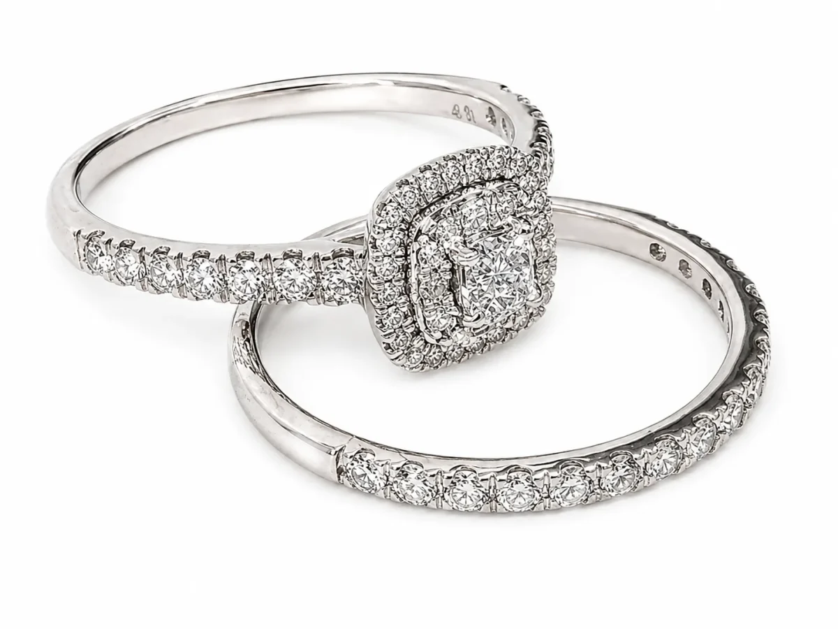 9ct White Gold 1.00ct TDW Diamond Double Halo Bridal Set – Princess Cut Engagement Ring & Matching Wedding Band - R42307100