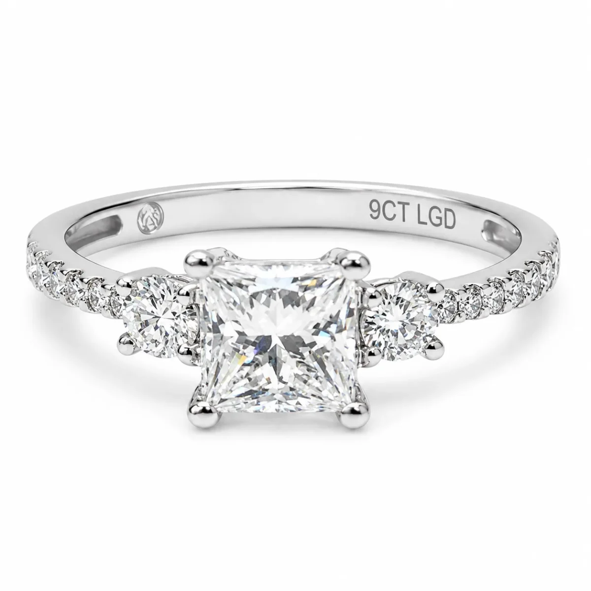 9ct White Gold 1.04ct Lab Grown Diamond Princess Cut Three Stone Engagement Ring - 9WGAURG1929