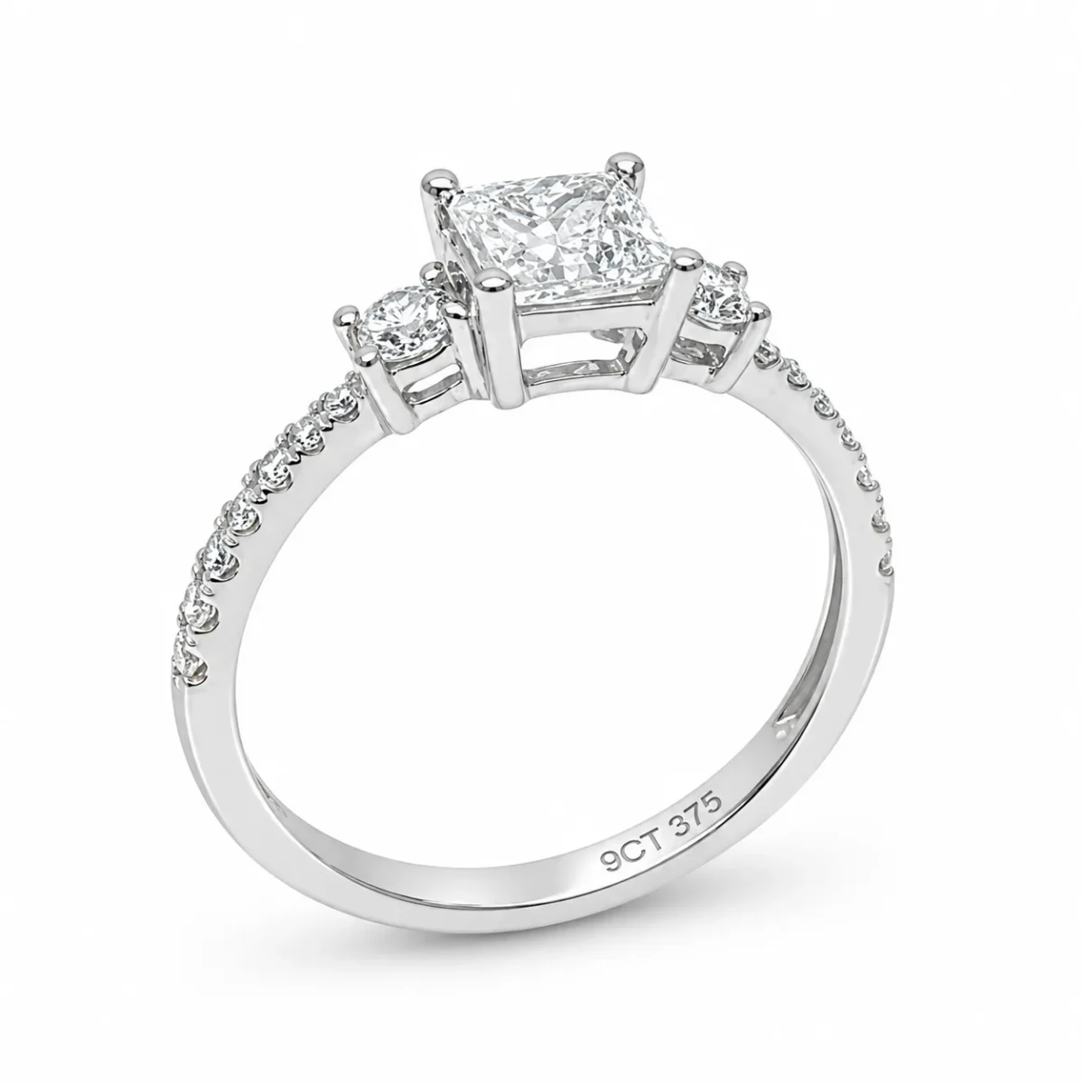 9ct White Gold 1.04ct Lab Grown Diamond Princess Cut Three Stone Engagement Ring - 9WGAURG1929