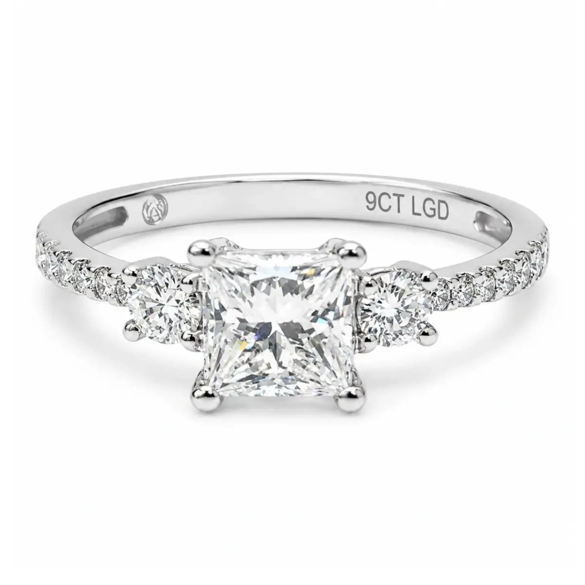 9ct White Gold 1.04ct Lab Grown Diamond Princess Cut Three Stone Engagement Ring - 9WGAURG1929