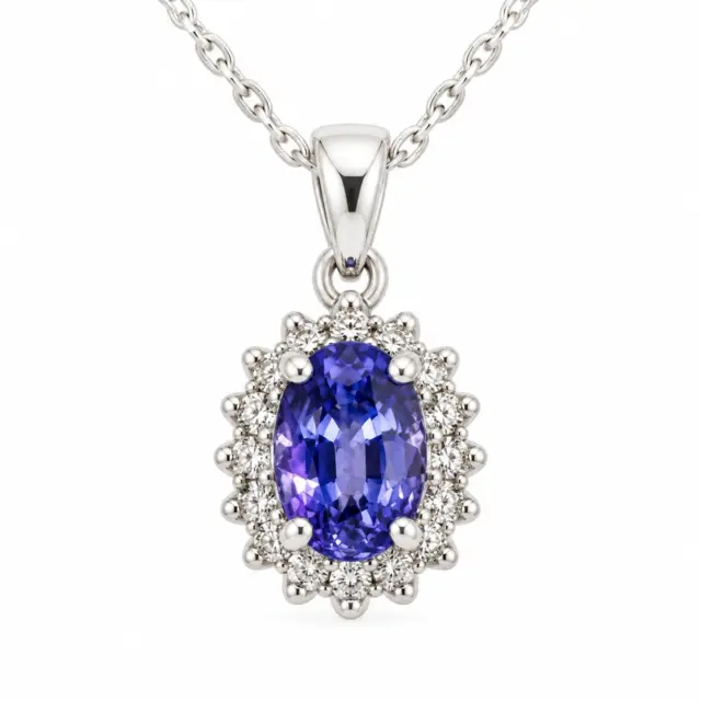 9ct White Gold 1.06ct Ceylon Sapphire with 0.10ct Diamond Halo Pendant
