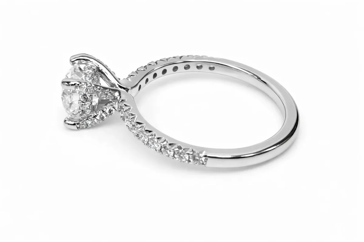 9ct White Gold 1.49ct Lab Grown Diamond Engagement Ring, 4 Claw Round Centre with Diamond Set Bridge & Band - AURG2243